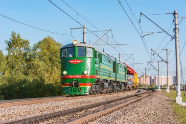 Moskova, Rusya - 29 Ağustos 2019: Pro-Motion-Expo fuarında Retro dizel lokomotif Te-3. Lokomotif Te-3 1954 yılından beri üretildi.