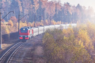 Yolcu tren istasyonuna yaklaşımlar sonbahar sisli sabahı zaman.