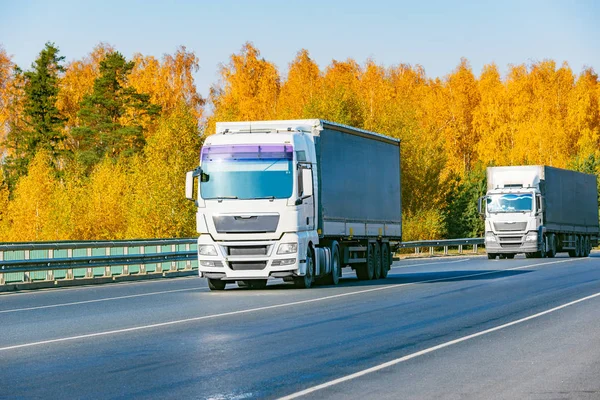 Los camiones de carga se mueven en la carretera en otoño durante el día. . — Foto de Stock