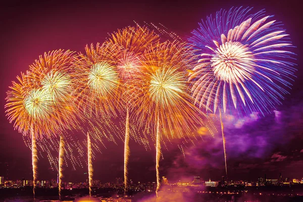 Colorful fireworks above the evening city. — Stock Photo, Image