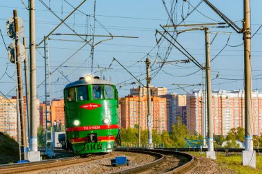 Moskova, Rusya - 29 Ağustos 2019: Pro-Motion-Expo fuarında Retro dizel lokomotif Te-3. Lokomotif Te-3 1954 yılından beri üretildi.