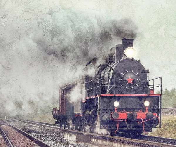 Retro Steam Freight Train Pouring Rain — Stock Photo, Image