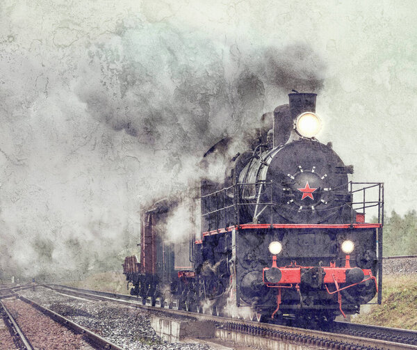 Retro steam freight train under the pouring rain.
