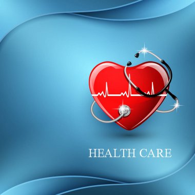 Stetoskop tıbbi ekipman, soyut arka planda kalp şekli. Vektör illüstrasyonu.