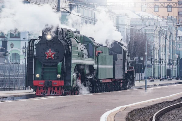 Moscou Rússia Abril 2019 Trem Vapor Parte Estação Ferroviária Riga — Fotografia de Stock