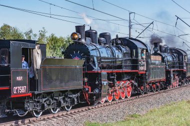 Moskova, Rusya - 30 Ağustos 2019: Buhar lokomotifleri orman boyunca ilerliyor.