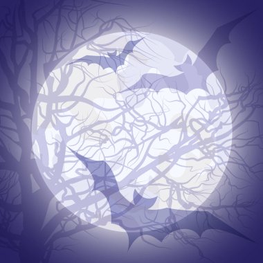 Cadılar Bayramı arka planında yarasalar, ağaç dalları ve dolunay var. Vektör illüstrasyonu.