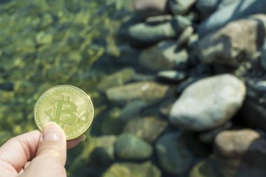 Okyanustaki taşların arka planında Bitcoin. Finansal başarı, büyüme, zenginlik. Okyanustaki taşların arka planında Bitcoin. Finansal başarı, büyüme, zenginlik, borsa