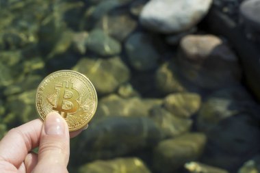 Okyanustaki taşların arka planında Bitcoin. Finansal başarı, zenginlik, büyüme / Metin için kopya alanı ile arka plan