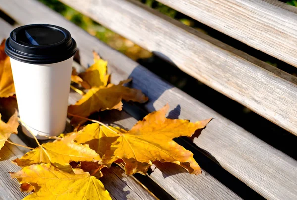 Tomada de café.Uma xícara de papel com café expresso. Folhas de outono. Fundo de madeira. Mock up, espaço para texto, composição de outono . — Fotografia de Stock