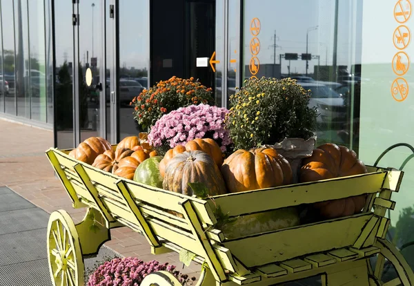 Ancien chariot avec récolte de légumes Arrière-plan.Récolte. Citrouilles et pastèques scène d'automne — Photo