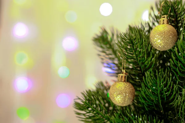 Zwei kleine Christbaumkugeln mit goldenem Glitzern hängen an Nadeln sattgrüner Christbaumzweige. der Hintergrund ist verschwommen, Bokeh — Stockfoto