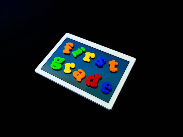 Tablet Inscription First Grade Tablet Technology Education Levitation Black Background — Stock Photo, Image