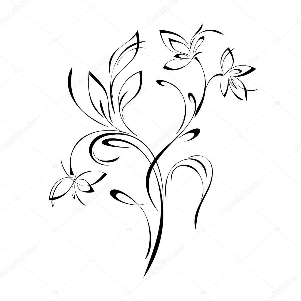 decorative twig with stylized flowers, leaves and curls in black lines on a white background