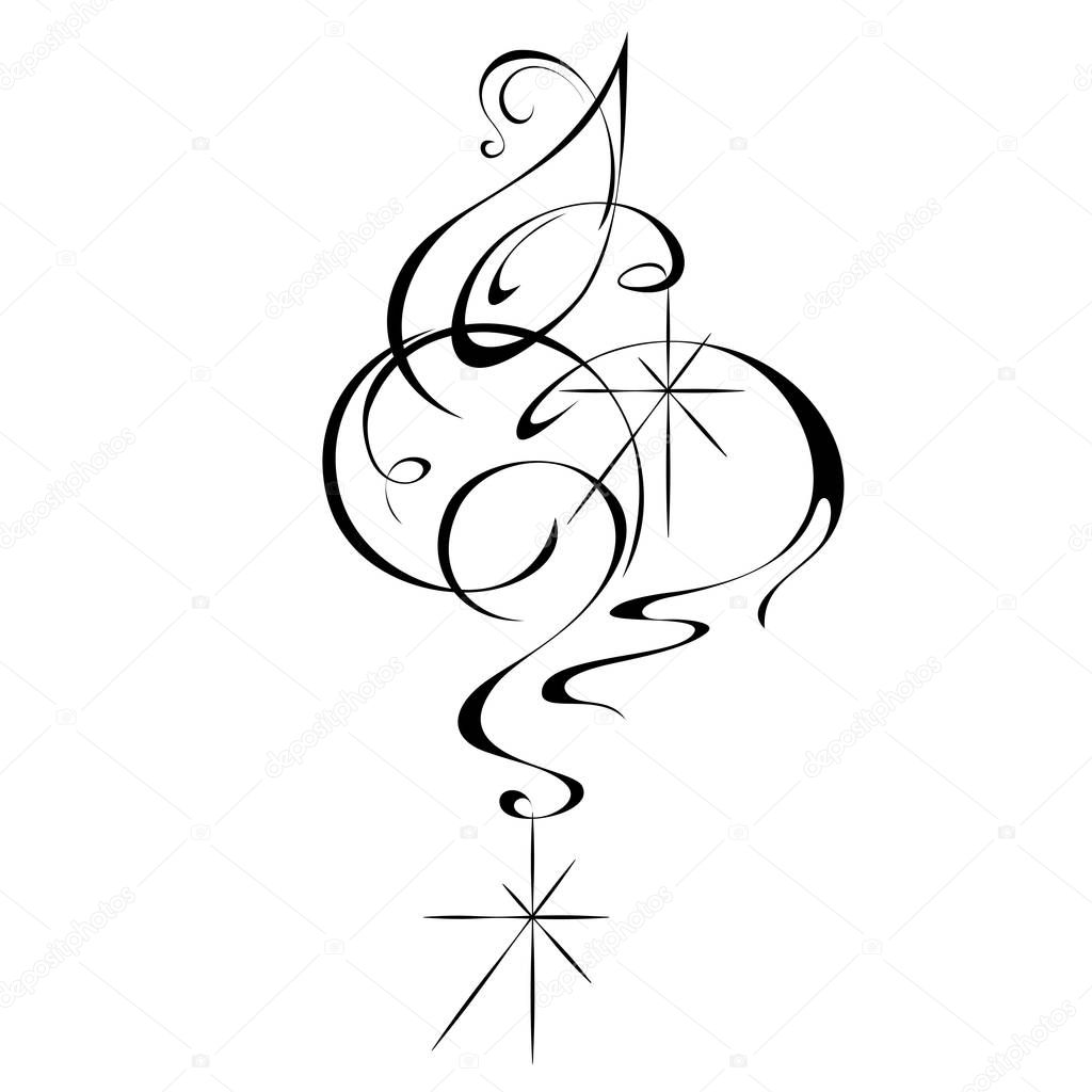 ornament with curls and sparks in black lines on white background