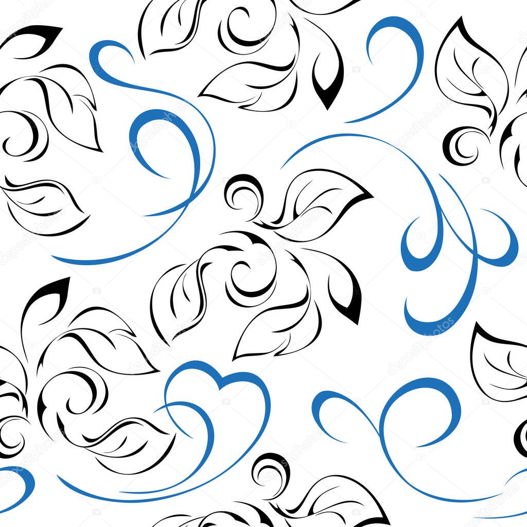 seamless pattern with leaves and blue swirls on a white background