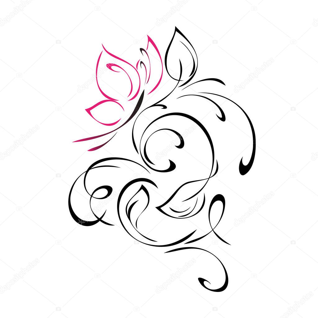 decorative element with one stylized butterfly, leaves and swirls on a white background