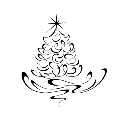 Tepesinde bir yıldız olan ve beyaz arka planda siyah çizgiler çizen stilize bir Noel ağacı.