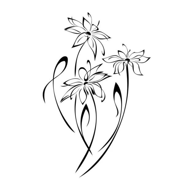 白い背景に黒い線で3つの花を咲かせるスタイルの花束 — ストックベクタ
