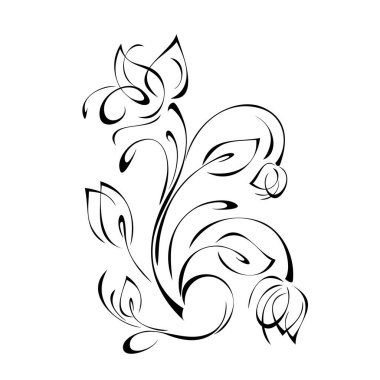Eğri saplı tomurcukları olan stilize bir çiçek. Beyaz arkaplanda siyah çizgiler ve kıvrımlar var.