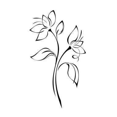 Beyaz arkaplanda siyah çizgili yaprakları olan sapları üzerinde iki stilize çiçek