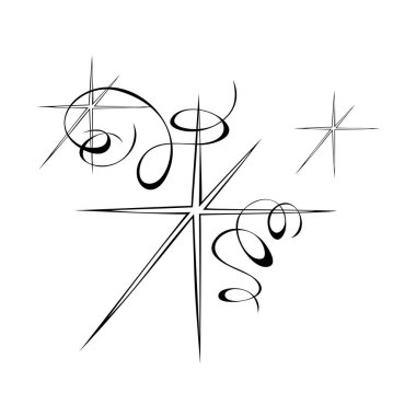 Beyaz arkaplanda siyah çizgiler halinde kıvrımlı yıldızlar şeklinde bir Noel dekoru