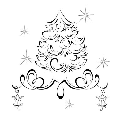 Yıldızlı küçük tüylü Noel ağacı, bir vignette ve beyaz arka planda siyah çizgili iki fener.