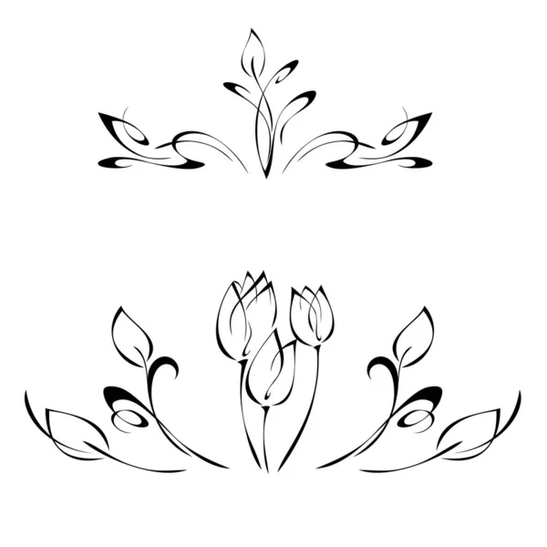 Symmetrical Ornament Flowers Leaves Black Lines White Background — Stock Vector