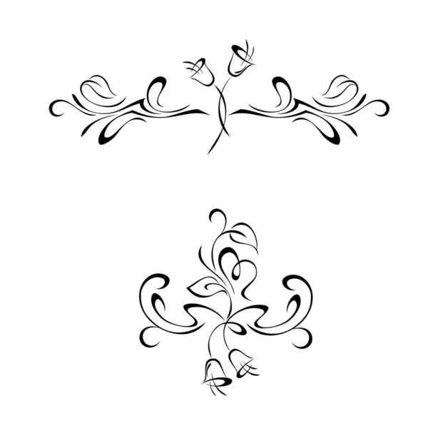 Two Symmetrical Ornaments Vignettes Bells Center Black Lines White Background — Stock Vector