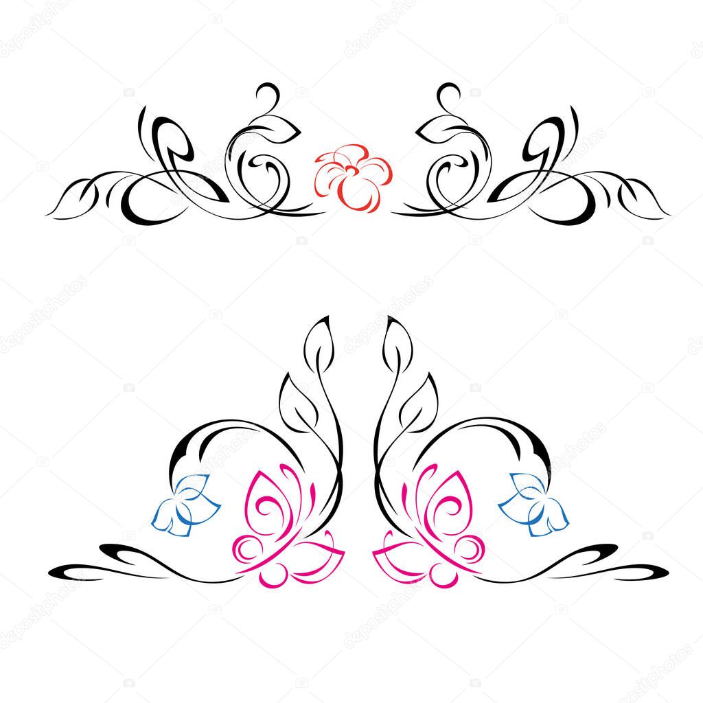 two symmetrical ornaments with vignettes, leaves, flowers and butterflies