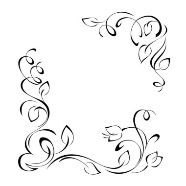 Çiçek tomurcuğu ve beyaz arkaplanda siyah çizgilerle süslenmiş yapraklardan oluşan dekoratif çerçeve.