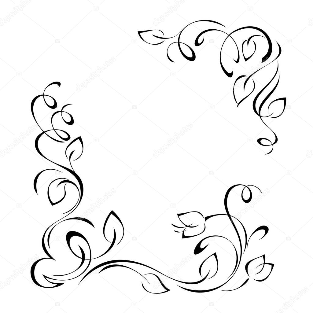 Decorative frame of stylized leaves with a flower bud and vignettes in black lines on a white background