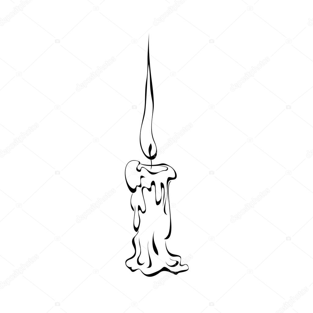 one burning candle in smooth black lines on a white background