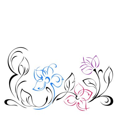 Süslenmiş çiçekleri, yaprakları ve beyaz arkaplanda renkli çizgileri olan dekoratif elementler