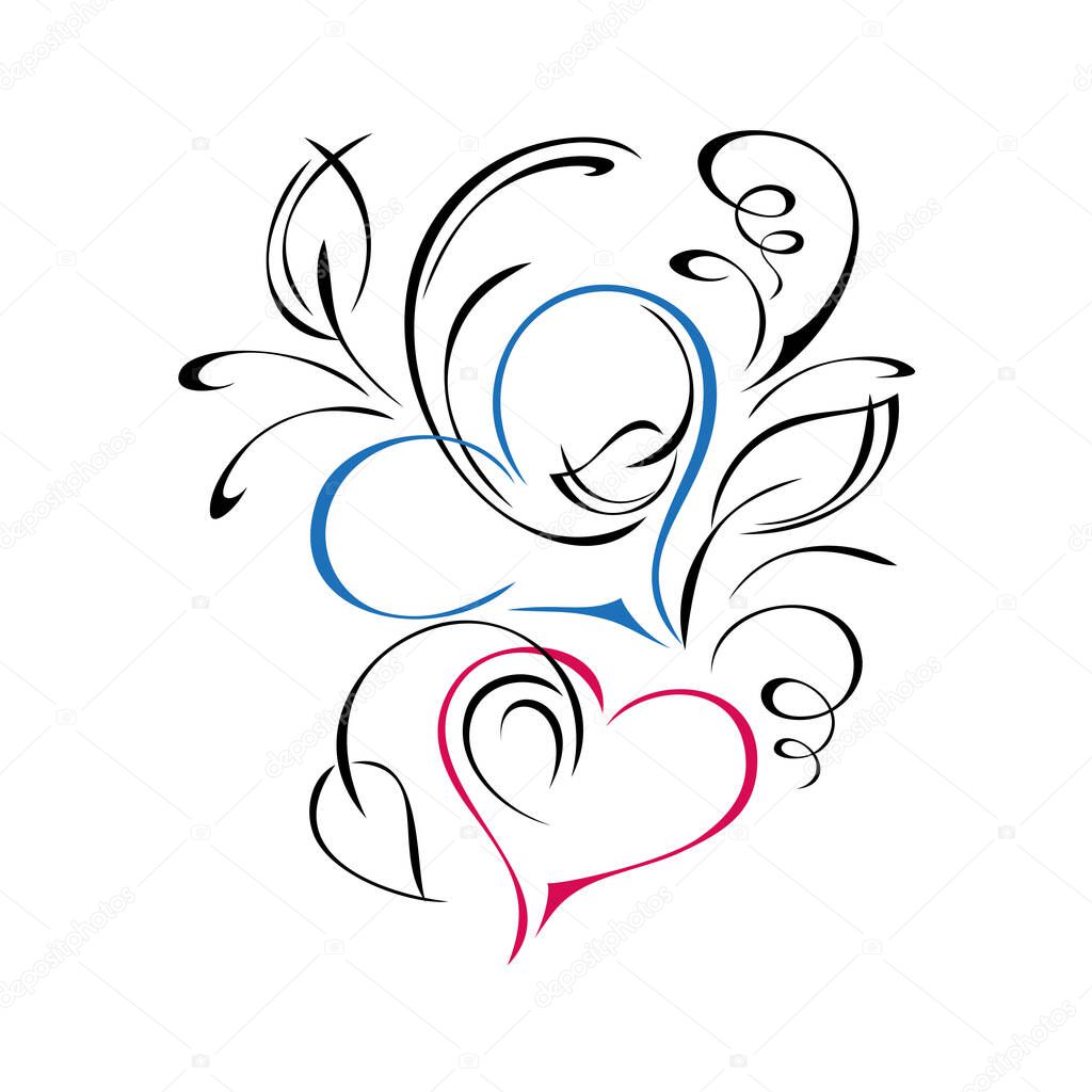 colored hearts with leaves and curls on a white background
