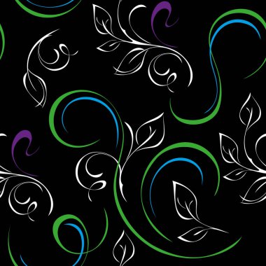 Beyaz şekillendirilmiş yaprakları ve siyah arka planda kıvrımları olan kusursuz desen