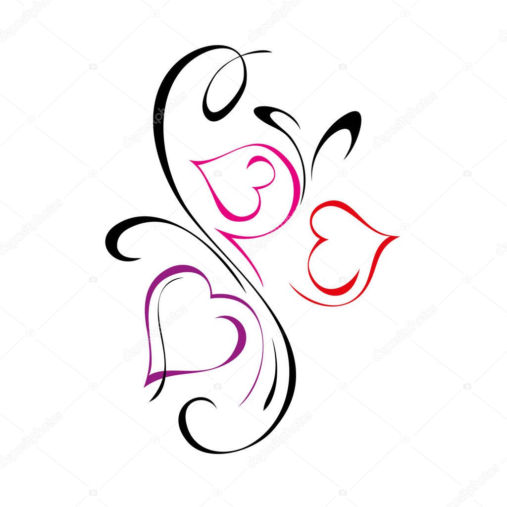 three stylized pink hearts with curls on white background