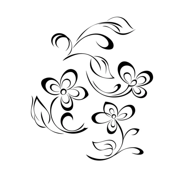 Декоративный Элемент Стилизованными Цветами Листьями Вихрями Черных Линиях Белом Фоне — стоковый вектор