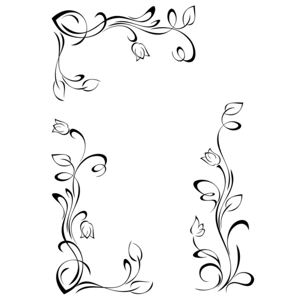 Decoratieve Frame Met Gestileerde Bloemknoppen Stengels Met Bladeren Vignetten Zwarte — Stockvector