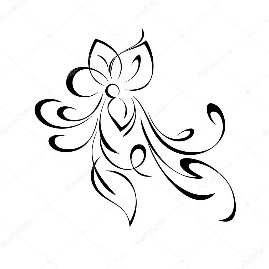 decorative element with a stylized flower, leaf and curls in black lines on a white background