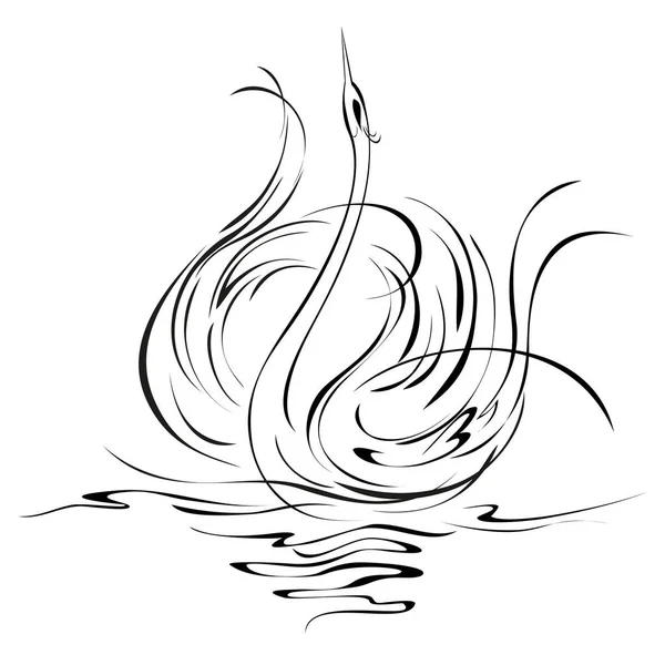 一只优雅的天鹅在水里拍打着翅膀 白色背景上的黑色线条图解 — 图库矢量图片