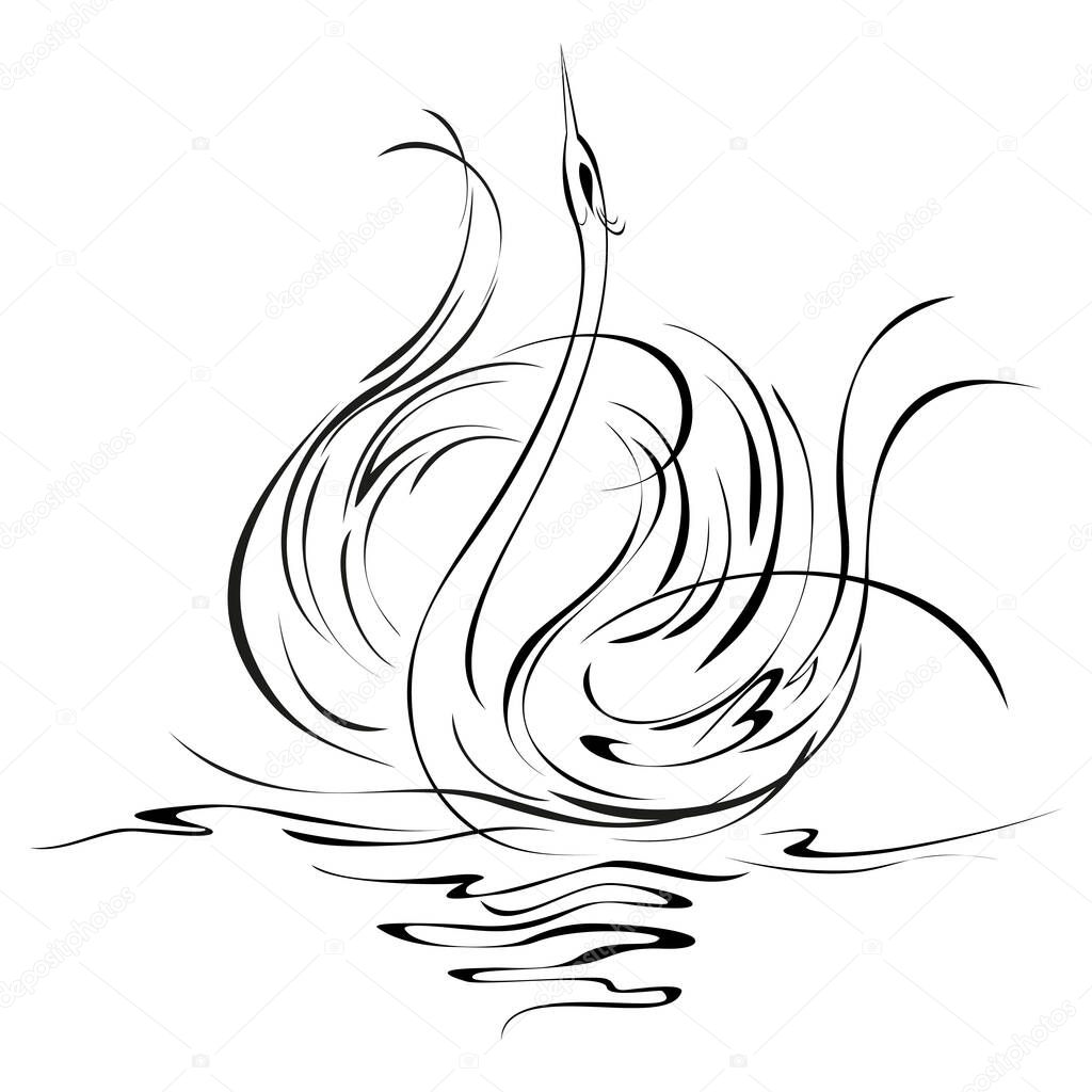 one graceful swan flaps its wings in the water; graphic illustration in black lines on white background