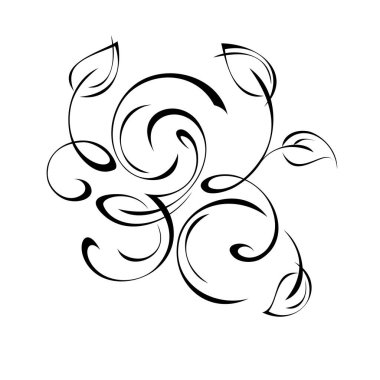 Beyaz arkaplanda siyah çizgili kıvrımlı ve yapraklı dekoratif öge