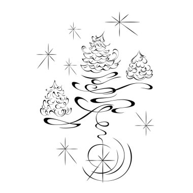 Küçük Noel ağaçları, yıldızlar ve girdaplarla dekoratif elementler