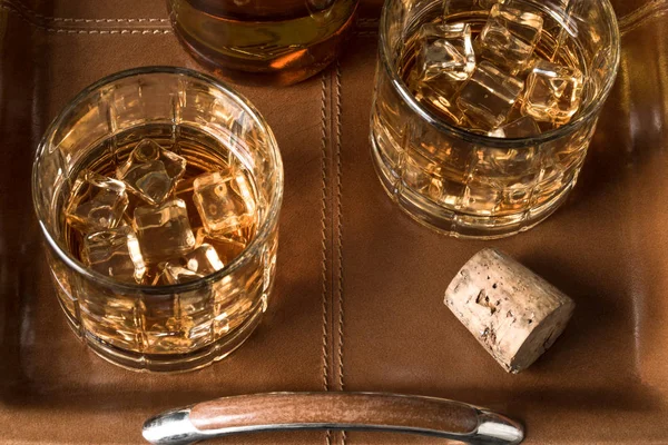 Bourbon and a Cork on a Leather Tray — Stock Photo, Image