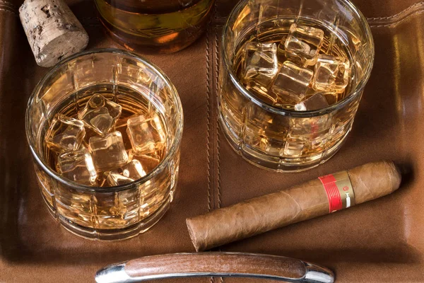 Bourbon and a Cigar on a Leather Tray