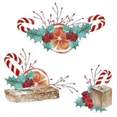 Dekor olarak parlak suluboya Noel çizimleri.