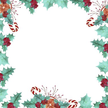 Noel ve Yeni Yıl teması üzerine dekoratif unsurlarla süslü parlak suluboya çizimi