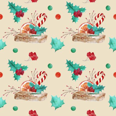 Noel ve Yeni Yıl teması üzerine dekoratif unsurlarla süslü parlak suluboya çizimi