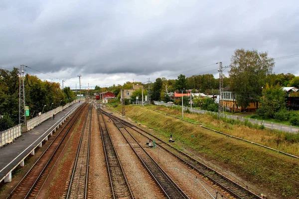 Railroad Track Cloudy Autumn Morning Small Town — Stock Photo, Image